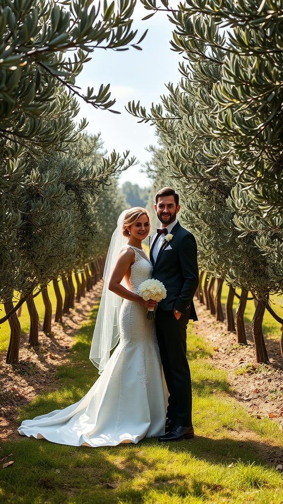 Couple standing in an olive grove, showcasing a romantic wedding moment.