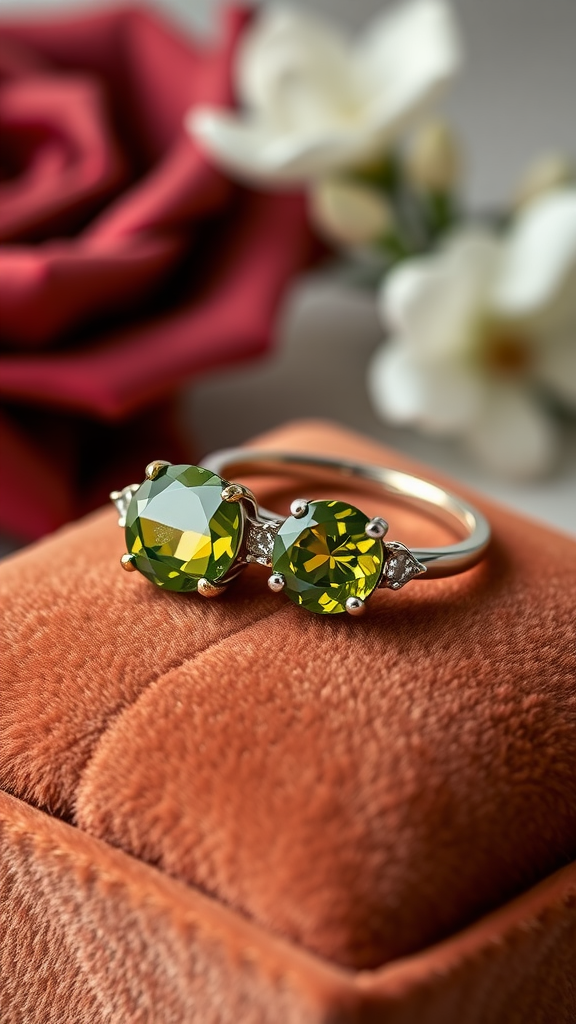 A beautiful olive green wedding ring with two large stones, placed on a plush box surrounded by flowers.