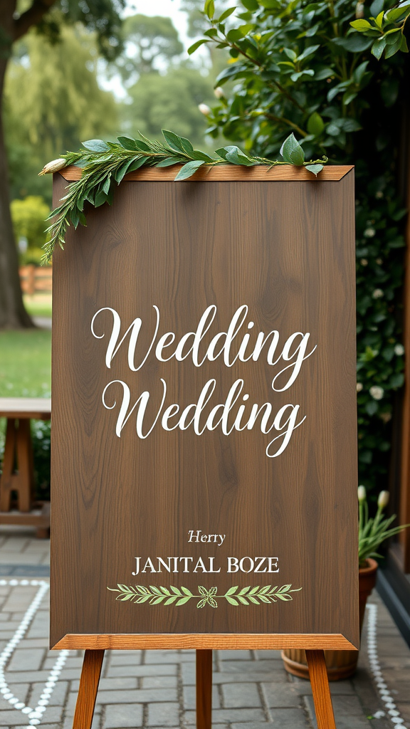 Wooden wedding signage with greenery, displaying names and a warm design