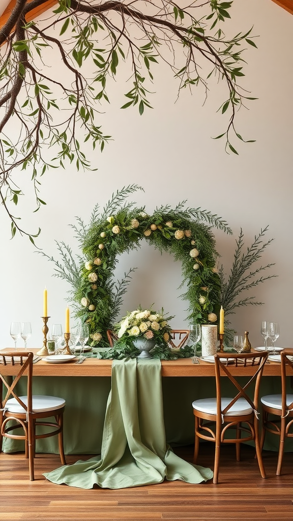A beautifully set table with olive green decor, featuring floral arrangements and candles.
