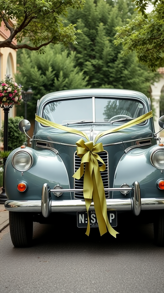 Vintage car with olive green ribbon, ideal for a wedding theme