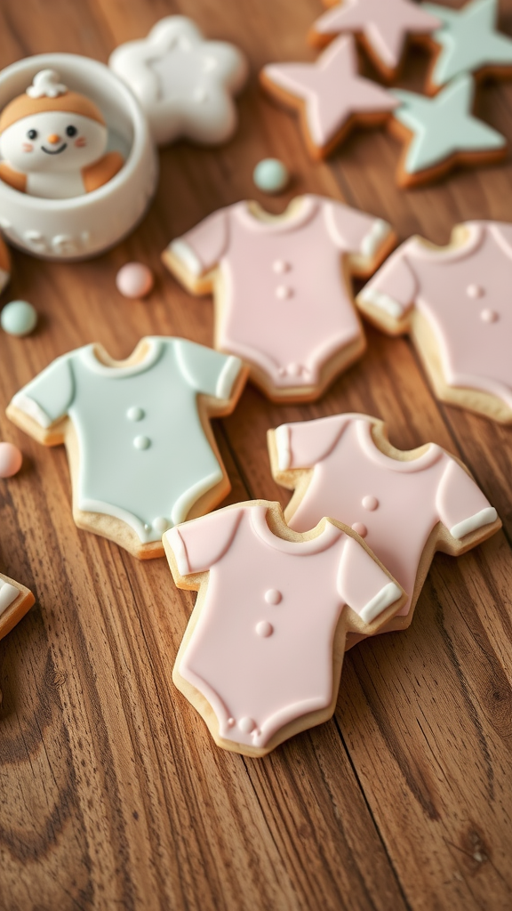15 Adorable Valentine Baby Shower Sugar Cookies Decorative onesie-shaped cookies in pink and blue on a wooden table, alongside other themed cookies.