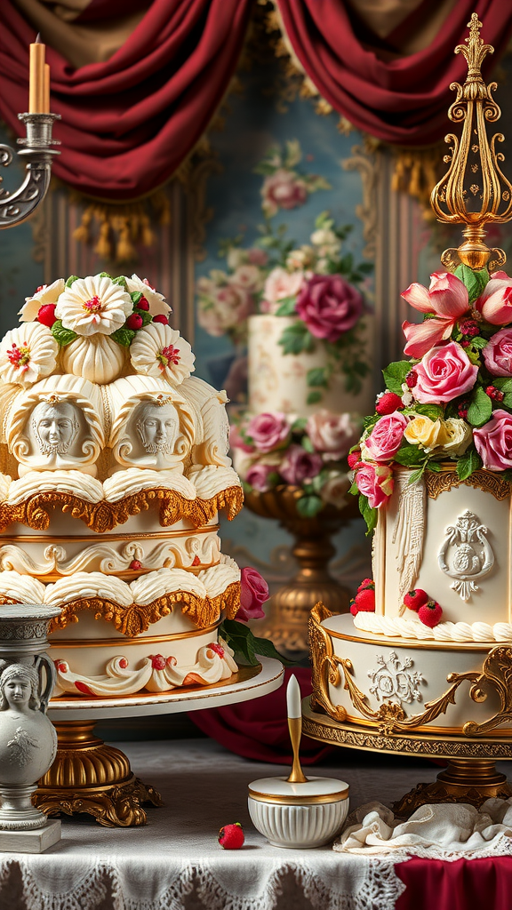 Two Rococo style cakes with intricate designs, floral decorations, and gold accents, set against a luxurious backdrop.