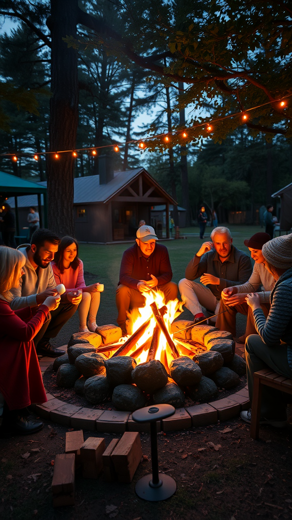 A group of friends gathered around a bonfire in a cozy outdoor setting.
