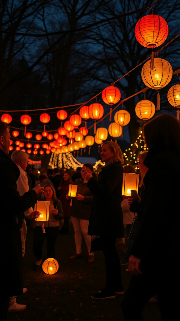 A group of people enjoying a festive setting illuminated by colorful outdoor lanterns.