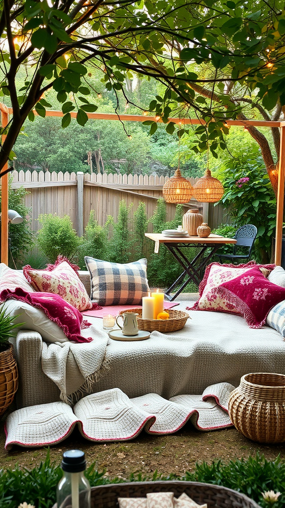 25 Must-Have Items for the Perfect Nesting Party Cozy outdoor seating area with cushions, blankets, and candles surrounded by greenery. Nesting Party