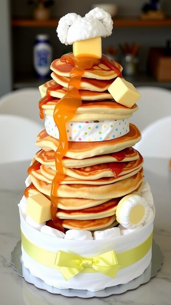 A diaper cake designed to look like a stack of pancakes, complete with faux syrup and butter.