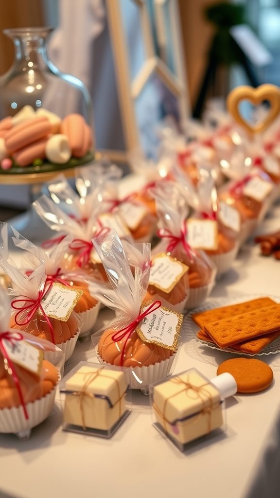An assortment of colorful party favors including macarons, sweets, and biscuits, beautifully packaged for a celebration.