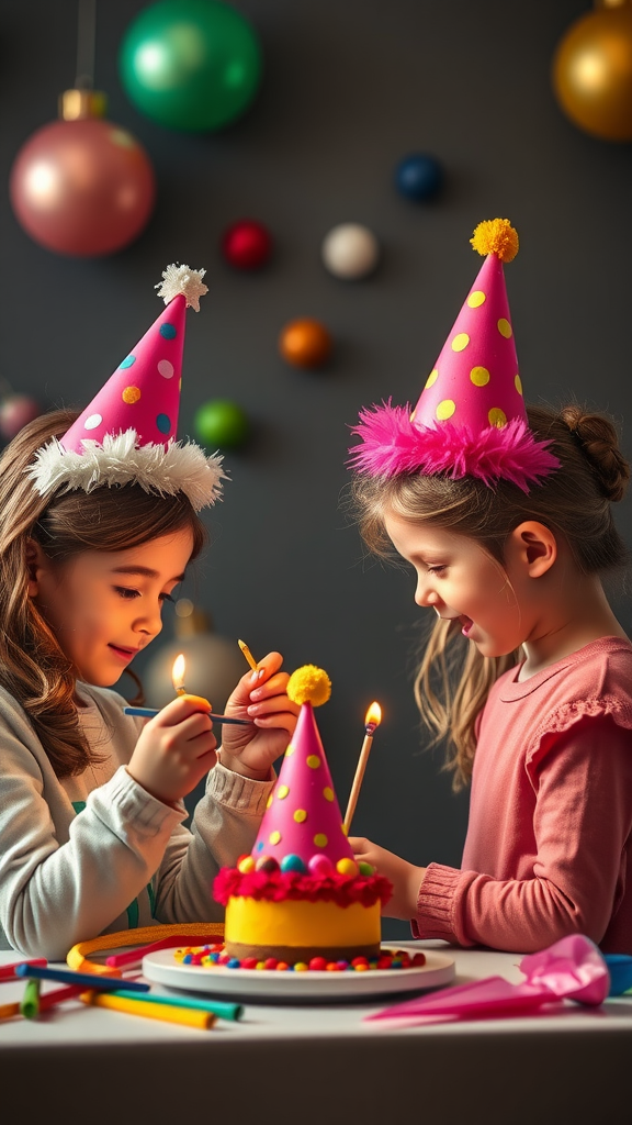 Two girls decorating party hats with colorful supplies at a festive party.