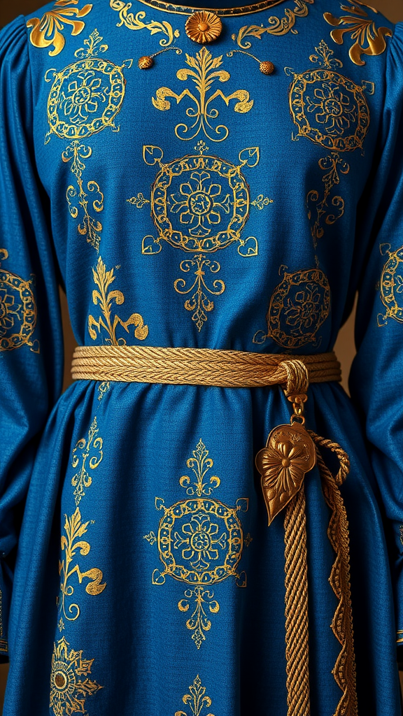An ornate blue medieval dress with golden patterns and a braided belt.