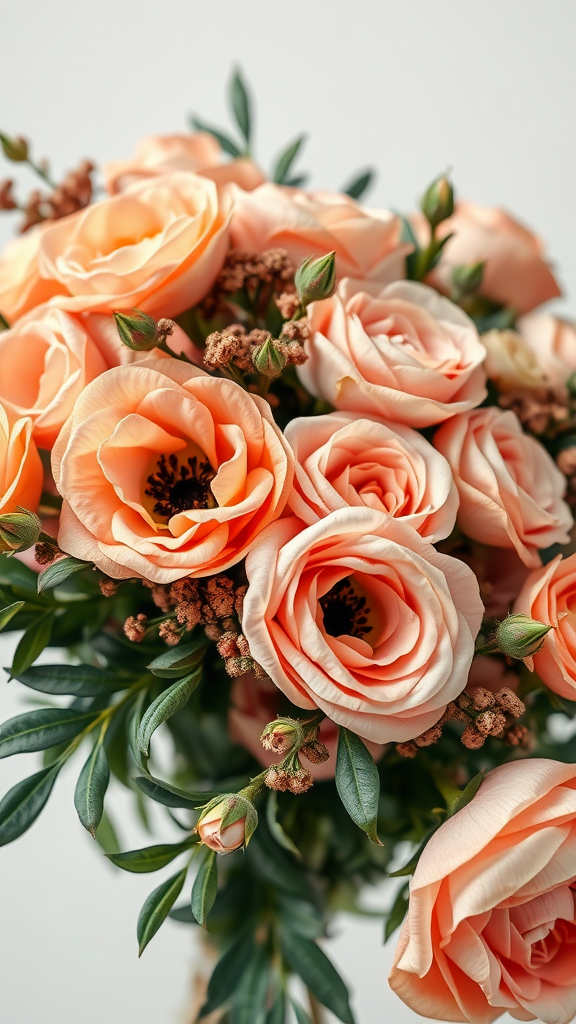 A bouquet of peach and dusty rose roses with greenery