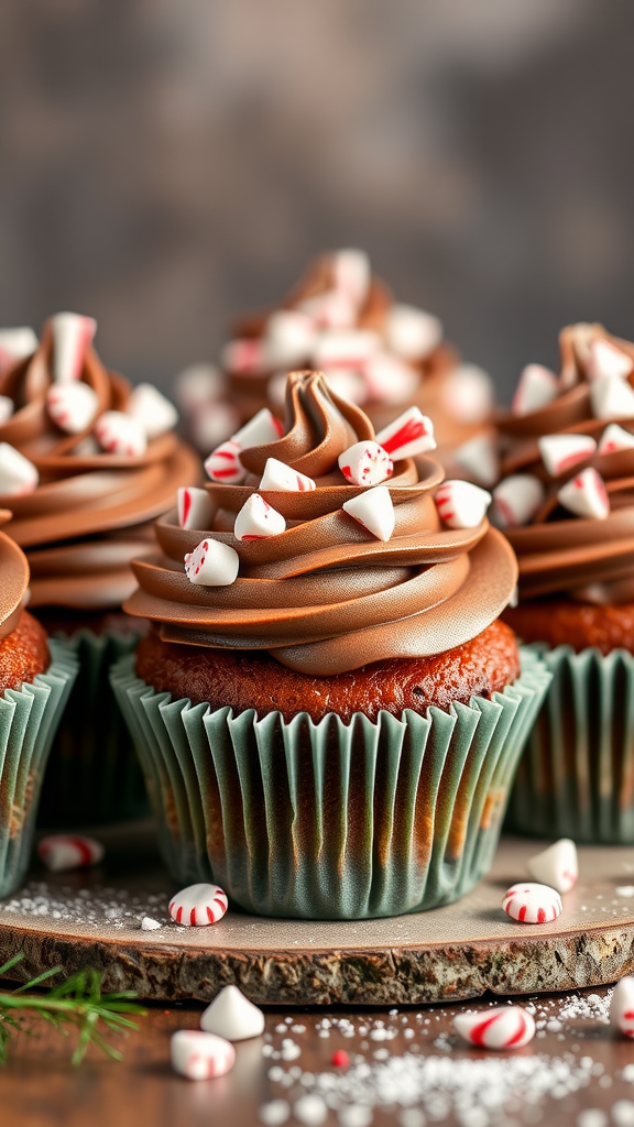 A close-up of peppermint mocha cupcakes topped with chocolate frosting and peppermint pieces.