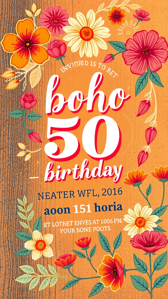 Colorful boho-inspired birthday invitation with floral designs