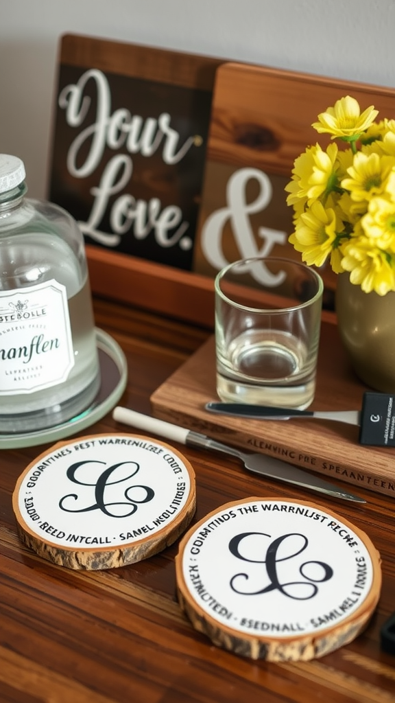 A rustic table setting featuring personalized coasters, a sign that reads 'Your Love &', flowers, and glassware.