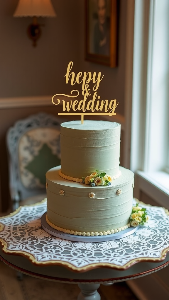 A sage green wedding cake with a custom topper saying 'Nde Nochel', placed on an elegant table.