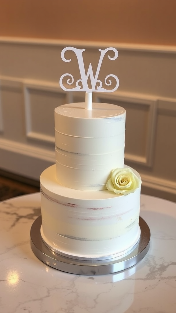 Two tier wedding cake with a white monogram topper and a rose