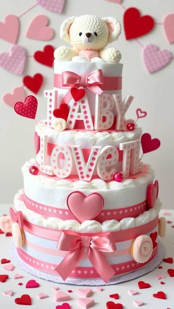 A pink and white diaper cake decorated with hearts and a teddy bear on top.