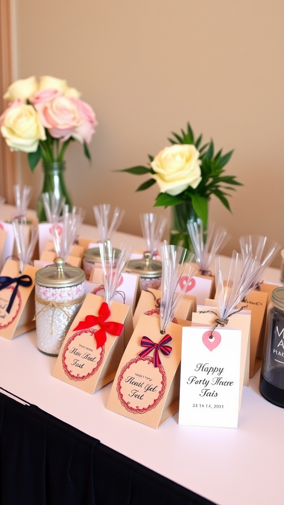 Table with colorful party favors and decorations for a celebration.