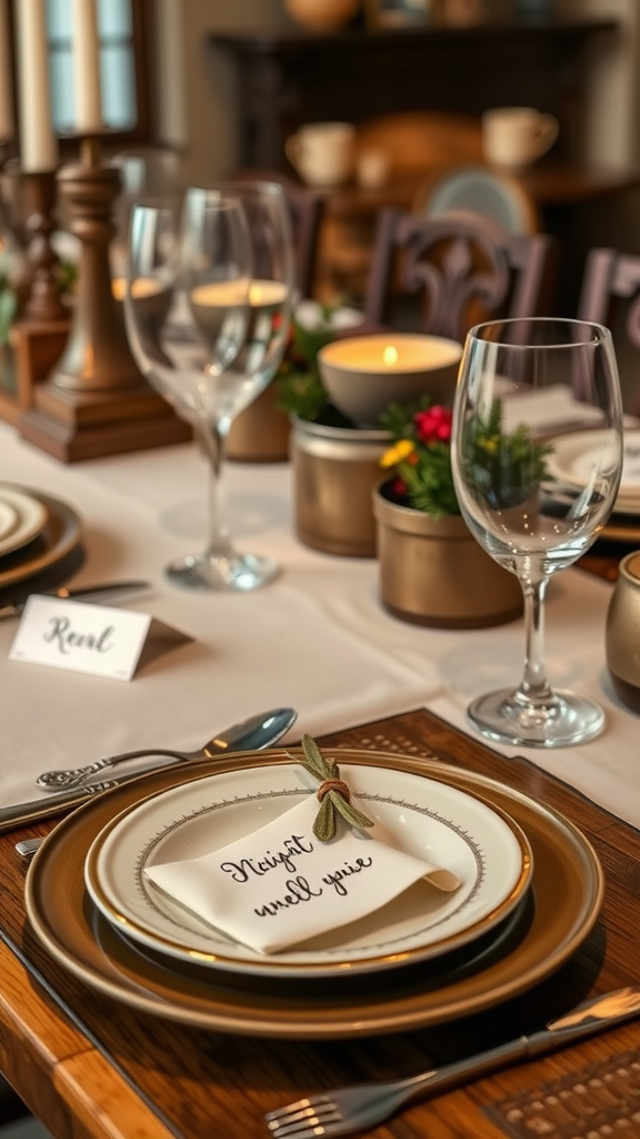25 Must-Have Items for the Perfect Nesting Party A beautifully arranged dining table with personalized place settings, featuring elegant plates, glassware, and decorative greenery.