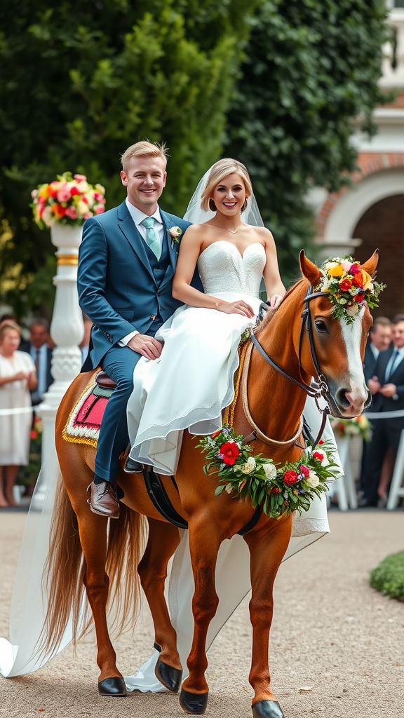 A bride and groom on a decorated horse during their wedding ceremony.