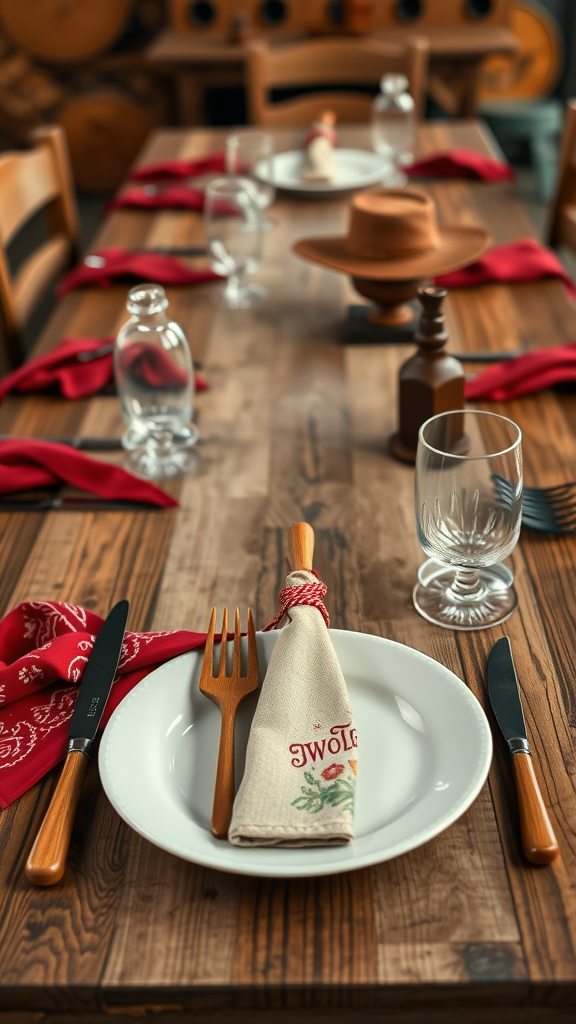 Table setting with cowboy wedding theme featuring wooden table, red bandana napkins, and cowboy hat.