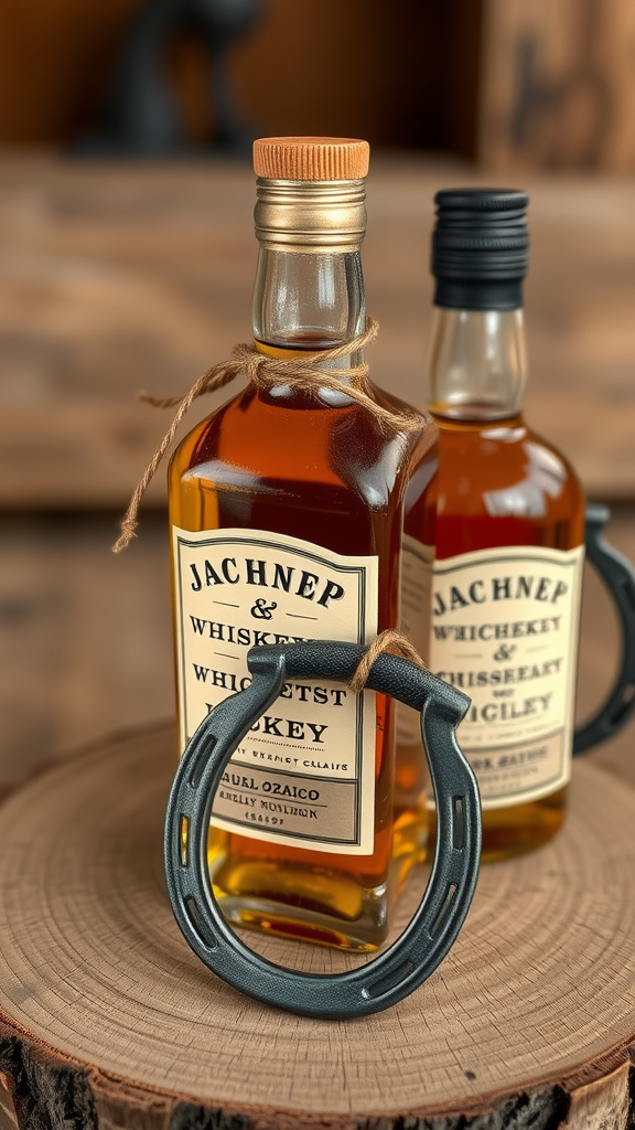 25 Rustic Cowboy Wedding Ideas to Tie the Knot with Style Personalized whiskey bottles with a horseshoe on a wooden slice, perfect for cowboy wedding favors.