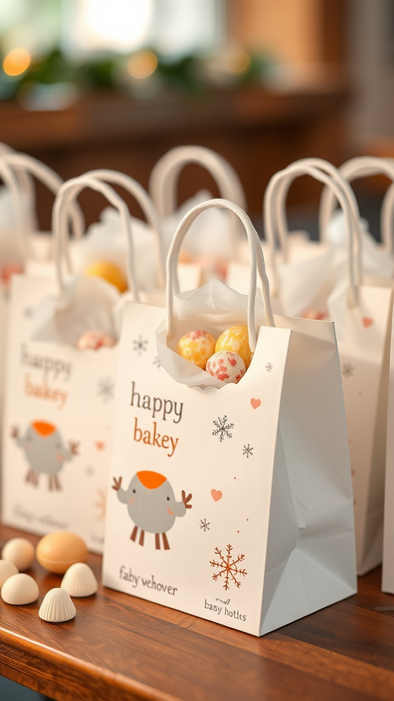 Personalized winter-themed favor bags with a cheerful bird design and filled with colorful candies on a wooden table.