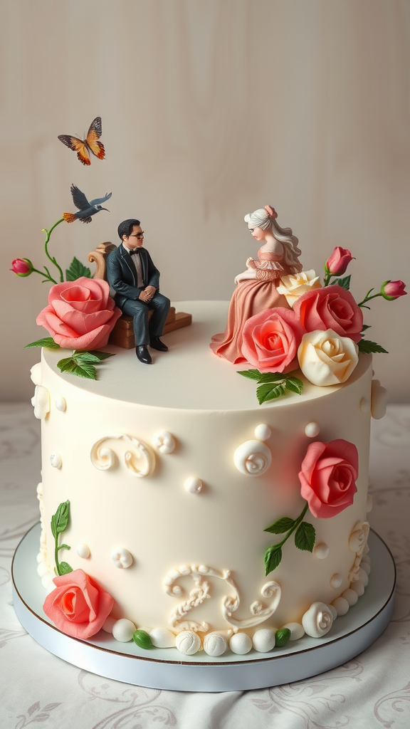 An elegantly decorated Rococo cake featuring a groom and bride figurine, surrounded by roses and butterflies.