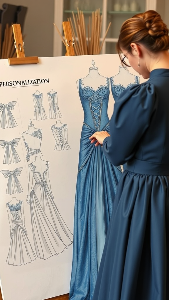 A designer examining sketches for personalizing a blue medieval wedding dress, showcasing various design options.