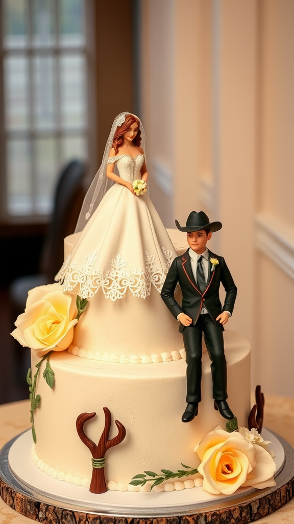 A beautifully decorated cowboy wedding cake with a bride and groom figurine on top, featuring roses and rustic elements.