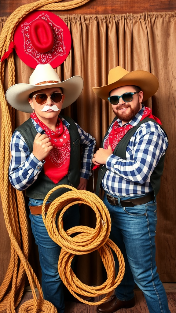 Two men dressed in cowboy attire with props in a photo booth setting
