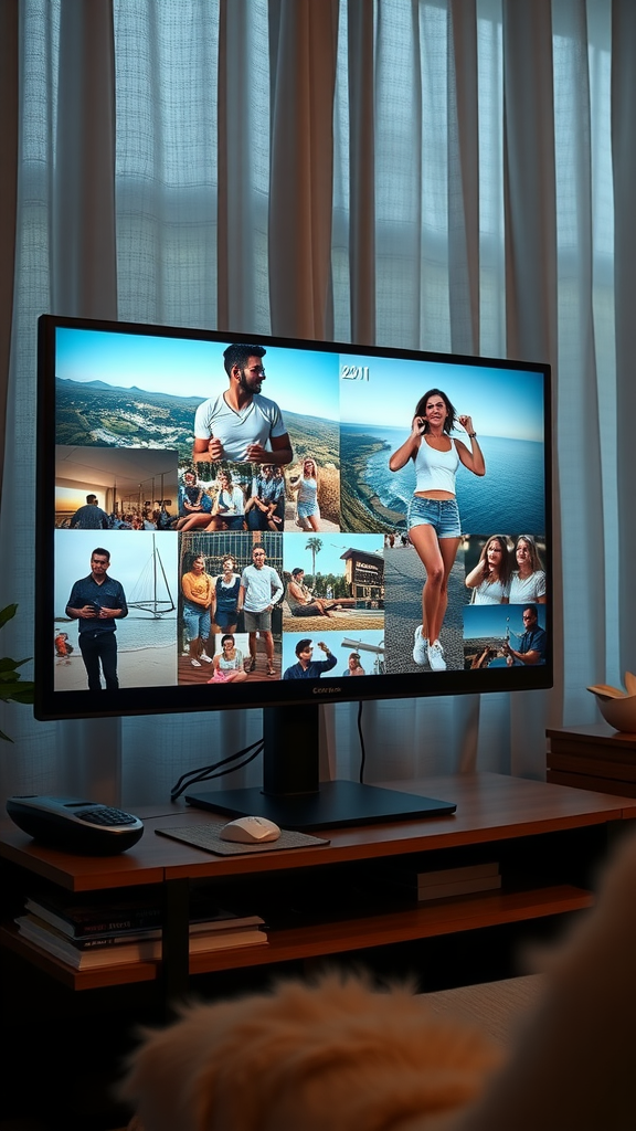 A TV displaying a collage of photos with people enjoying various activities and moments.