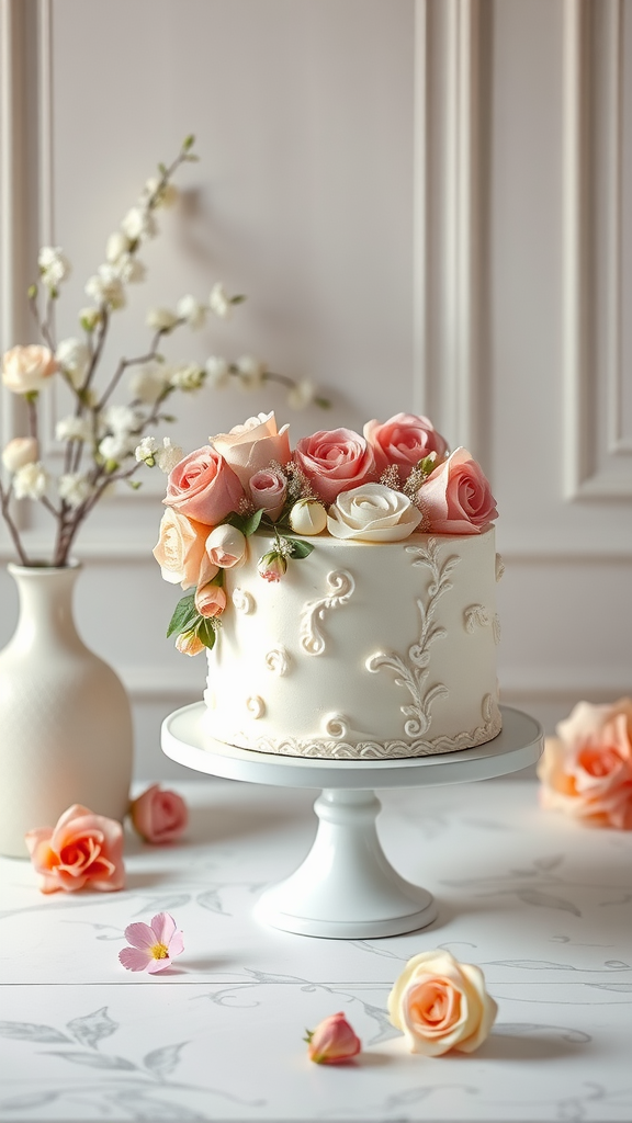 A beautifully decorated Rococo cake with roses and intricate designs.