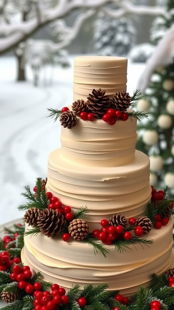 A beautiful three-tier wedding cake decorated with pinecones and red berries, set in a wintery background.