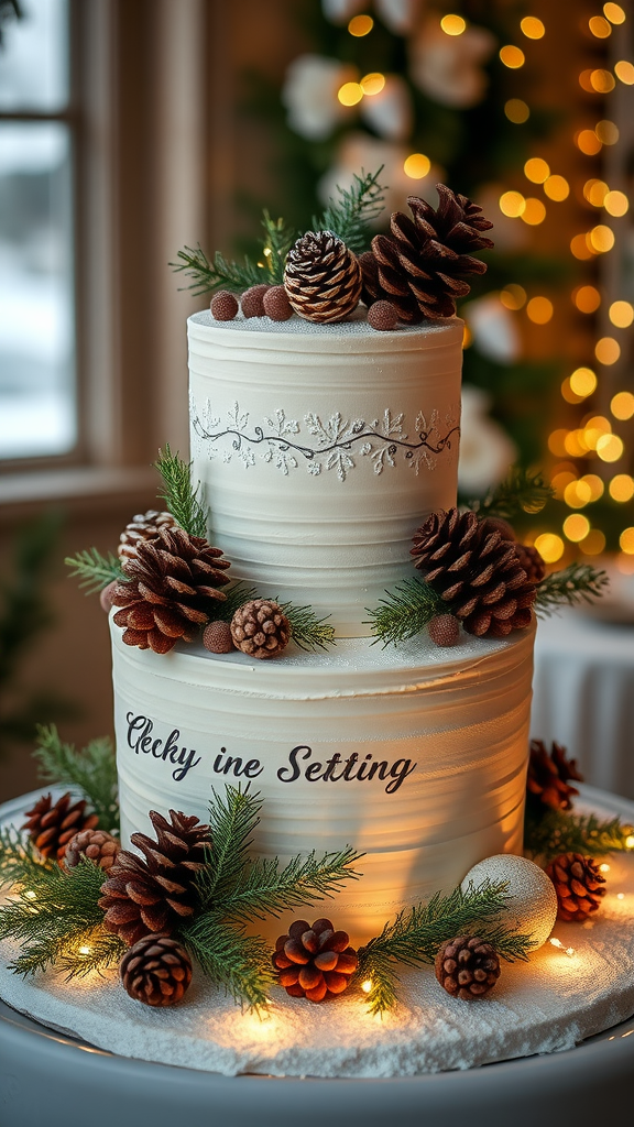 A beautifully decorated cake with pinecones and evergreen accents, set against a glowing background