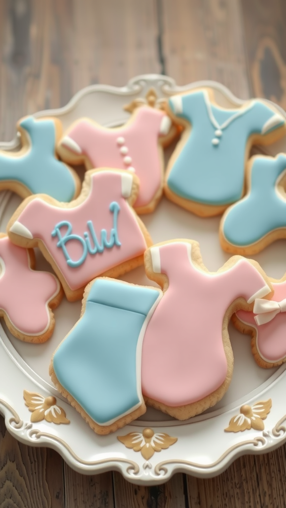 15 Adorable Valentine Baby Shower Sugar Cookies A plate of pink and blue sugar cookies shaped like dresses and pants, perfect for a valentine baby shower.