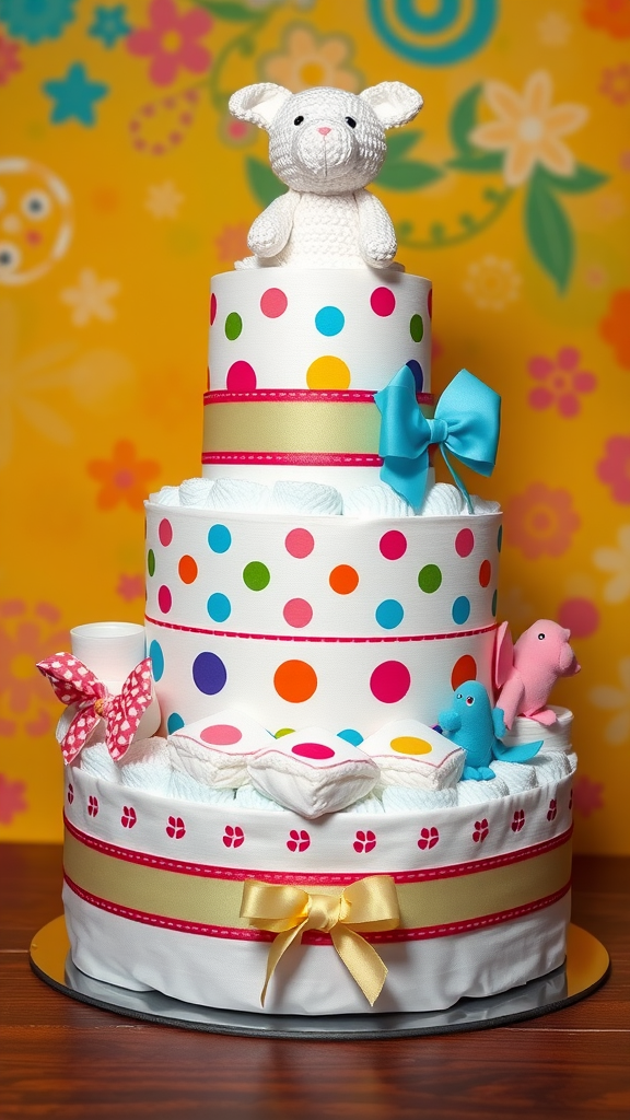 A colorful diaper cake with polka dots, featuring a bunny plush on top and decorated with ribbons and baby toys.
