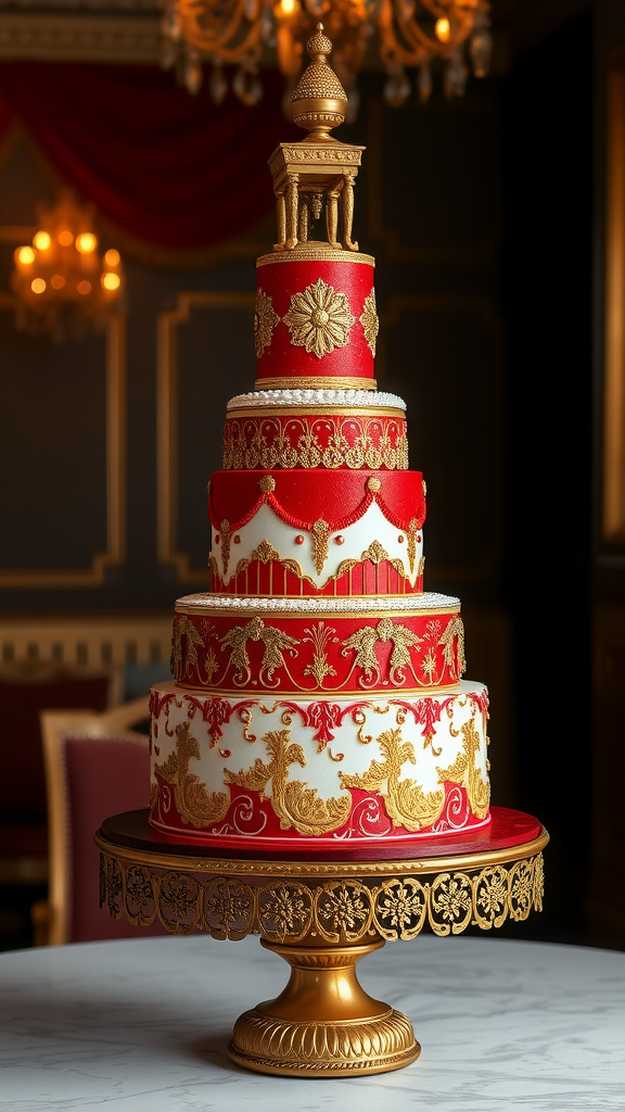 A red and gold tiered wedding cake with intricate designs and a golden top structure, displayed elegantly.