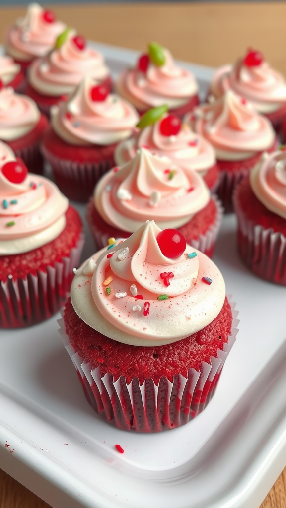 A tray of red velvet cupcakes with cream cheese frosting, sprinkles, and cherries on top