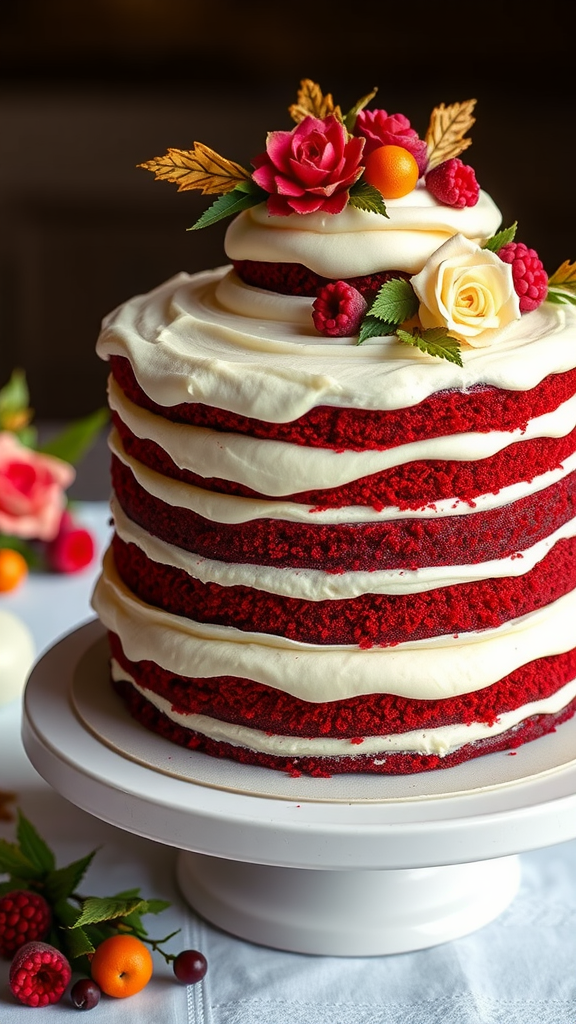A tall red velvet cake with cream cheese frosting and decorative flowers and berries on top.