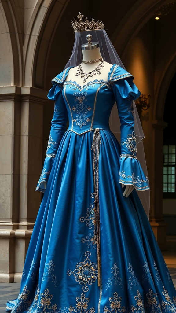 An elegant blue medieval wedding dress displayed on a mannequin, adorned with a crown and veil.