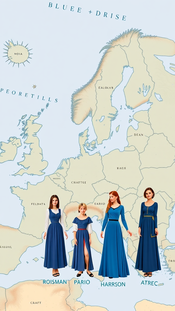 Four women in blue medieval dresses stand in front of a map of Europe, showcasing different regional styles.