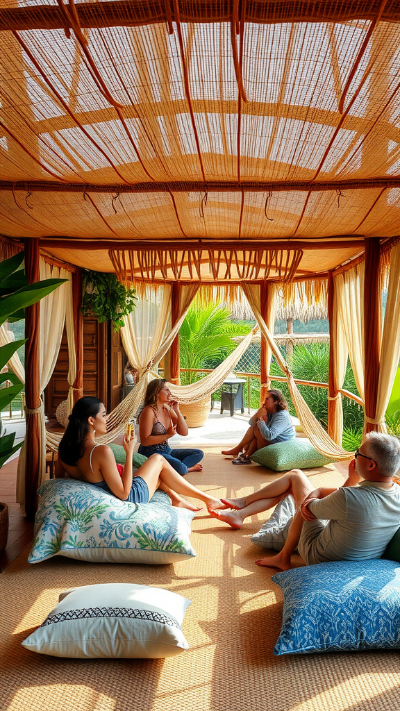 25 Creative Nesting Party Ideas for a Cozy Gathering A cozy relaxation area with hammocks and pillows, where friends are enjoying drinks and conversation. Nesting Party Ideas