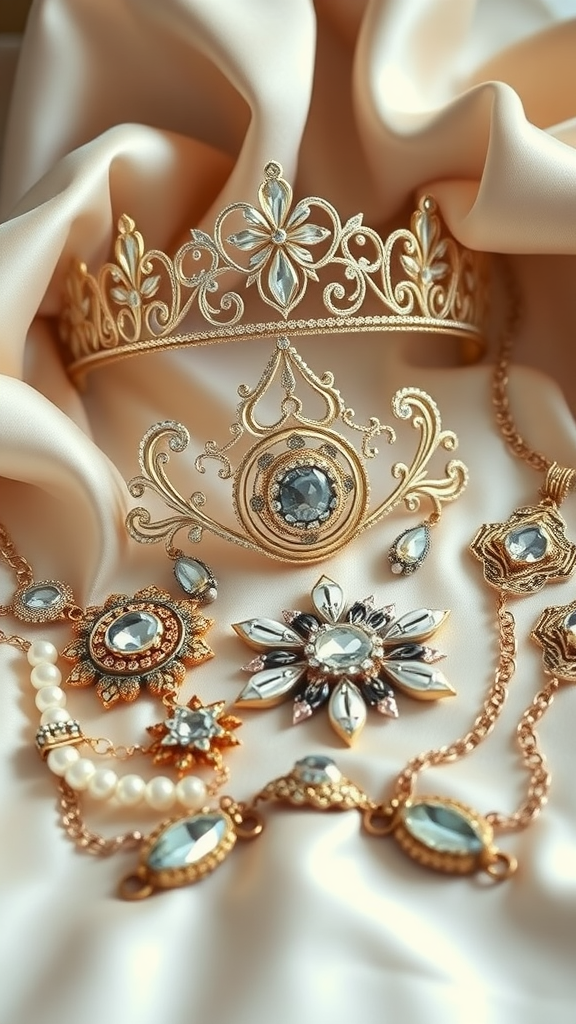 A collection of Rococo-inspired bridal accessories including a crown and intricate jewelry on soft fabric.