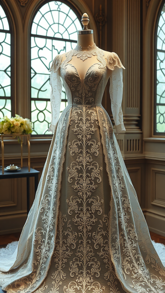 A Rococo-inspired bridal gown with intricate patterns and lace sleeves showcased on a mannequin.