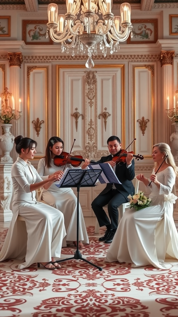 A string quartet performing in elegant attire at a Rococo wedding.