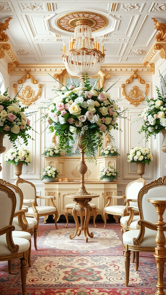 A luxurious Rococo wedding decor with a chandelier and floral arrangements.