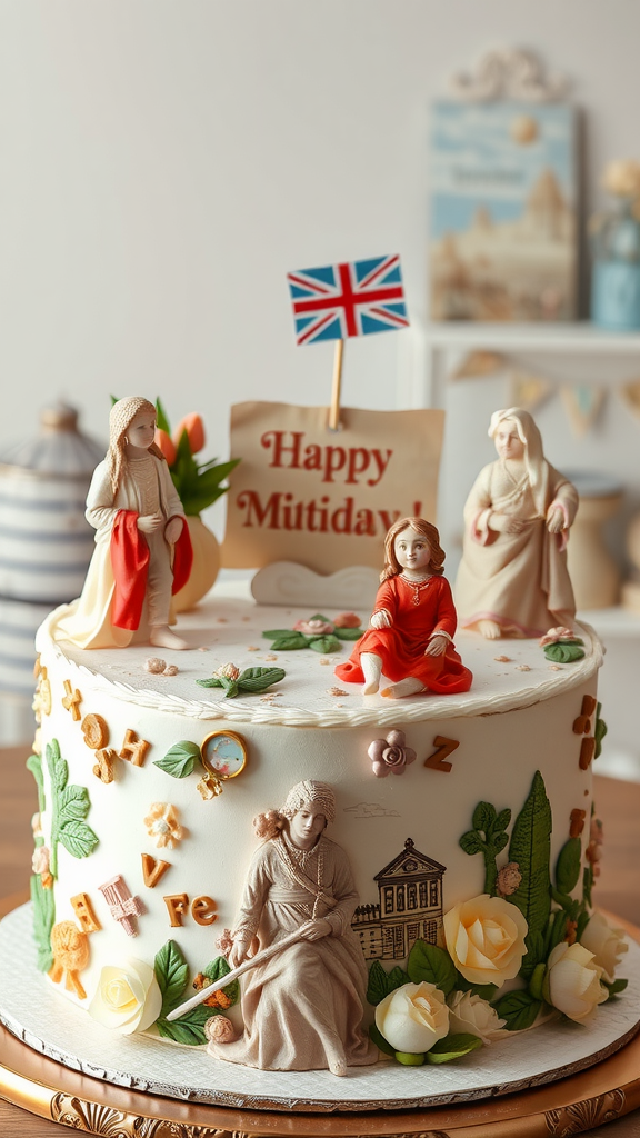 A beautifully decorated Rococo cake with intricate figures and a festive message.