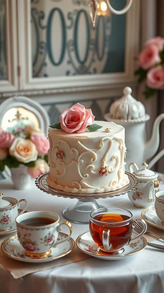 A beautifully decorated Rococo cake with a rose on top, served with fine china cups of tea.