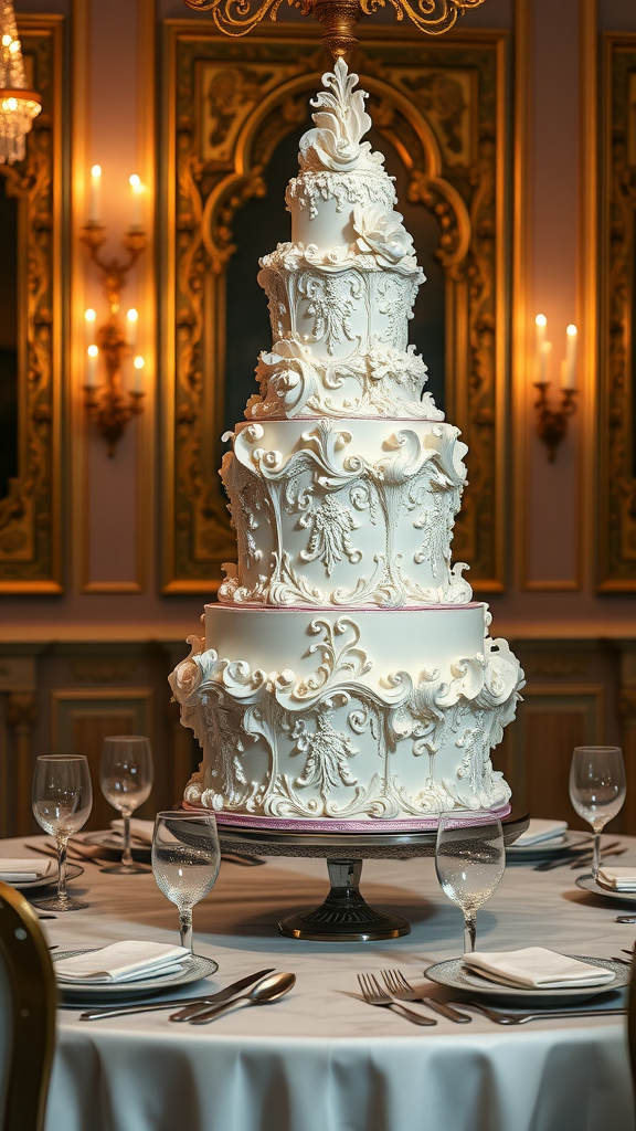 A beautifully detailed Rococo cake displayed as a centerpiece on an elegantly set table.
